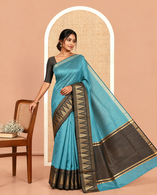 Blue Semi-Raw Silk Saree