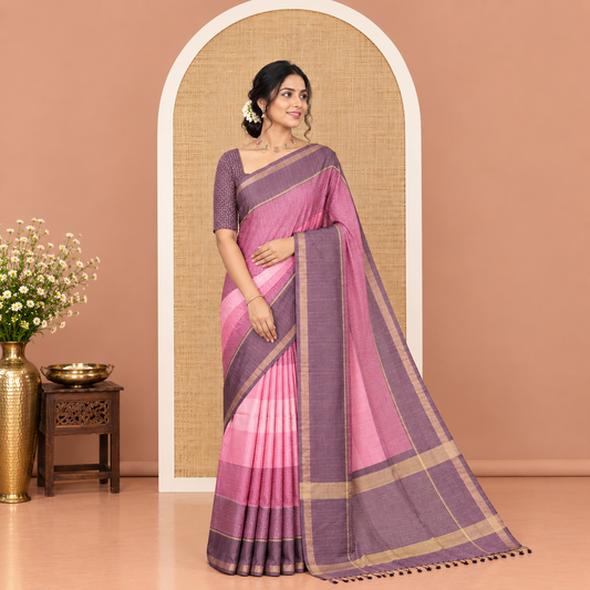 Pink Katan Silk Saree, Adorned with 3d-Style Print and Dotted-Style on Its Body, Complemented by Contrast Border, Pallu Steeped with Buttas, and Paired with a Contrast Blouse