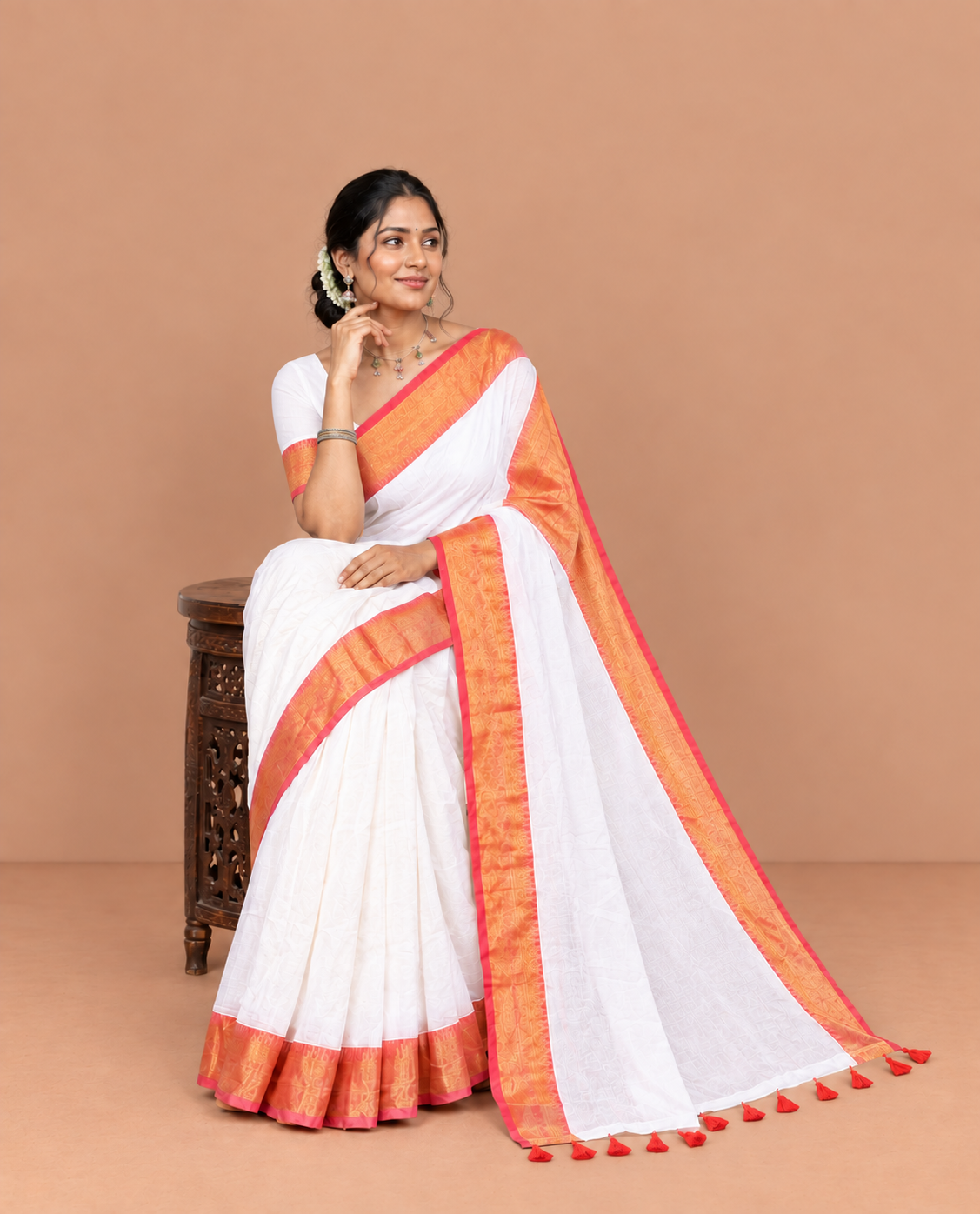 Cream Plain Khadi Mul Cotton Saree, a Contrast Zari Border, a Self-Pallu, a Matching Blouse