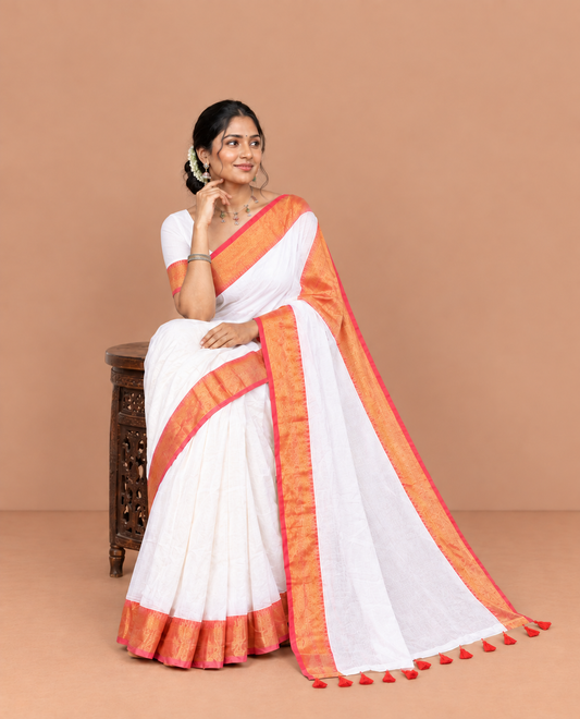 Cream Plain Khadi Mul Cotton Saree, a Contrast Zari Border, a Self-Pallu, a Matching Blouse