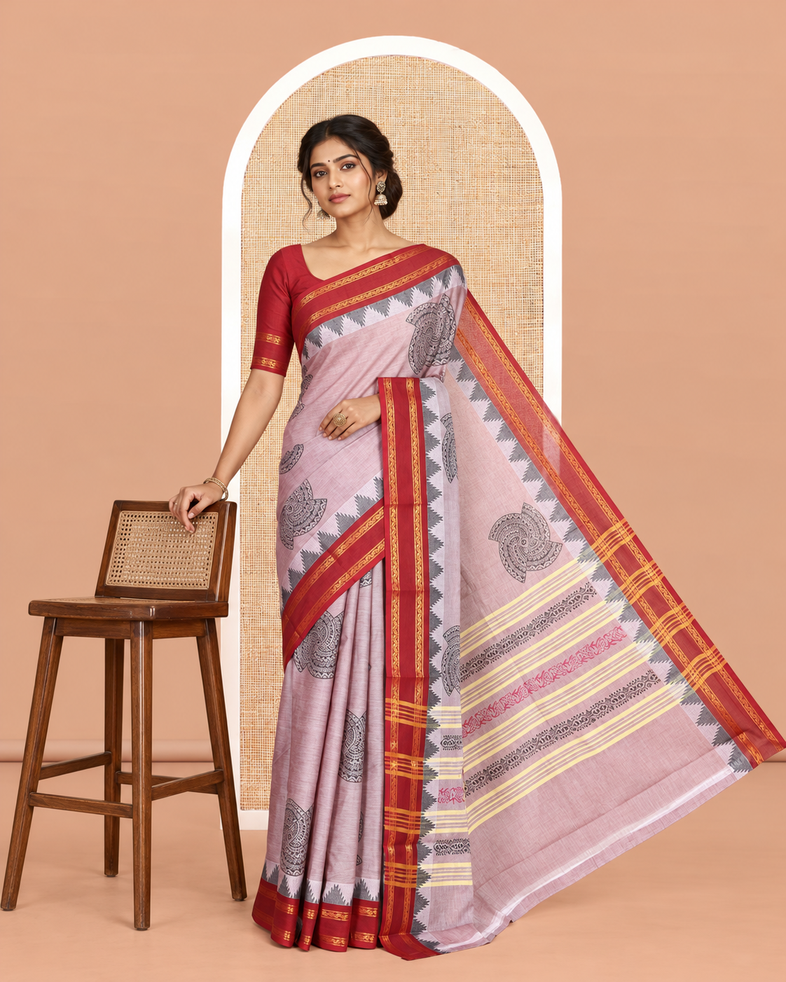 Dusky Pink Chettinad Cotton Saree, Adorned with Geometric Buttas, a Contrast Ganga-Jamuna Traditional Border, No Blouse