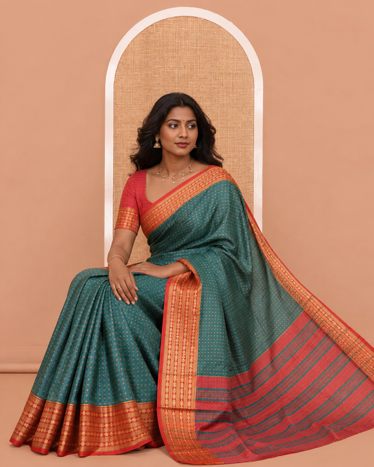 Green-Red Semi-Soft Silk Saree, Adorned with Plus-Shaped Buttas, Complemented by a Contrast Border, Striped Pallu, and a Contrast Blouse