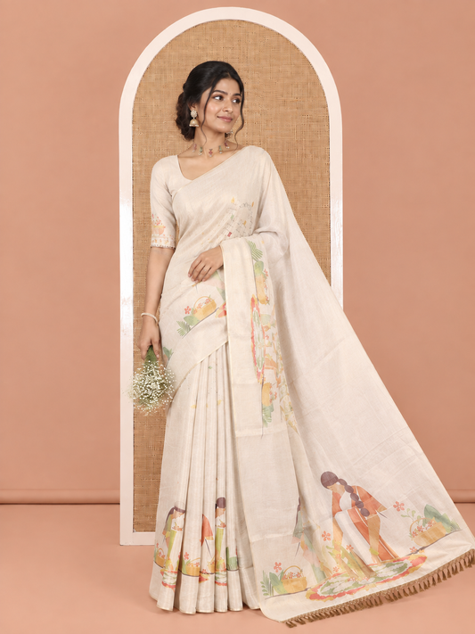 Borderless Gold Tissue Saree, Depicting Two Women Drawing Onam Kolam Motifs and Comes With a Plain Blouse