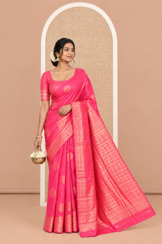 Borderless Pink Art Kanchi Silk Saree, Embellished with Jacquard Design, a Grand Pallu, and a Matching Blouse