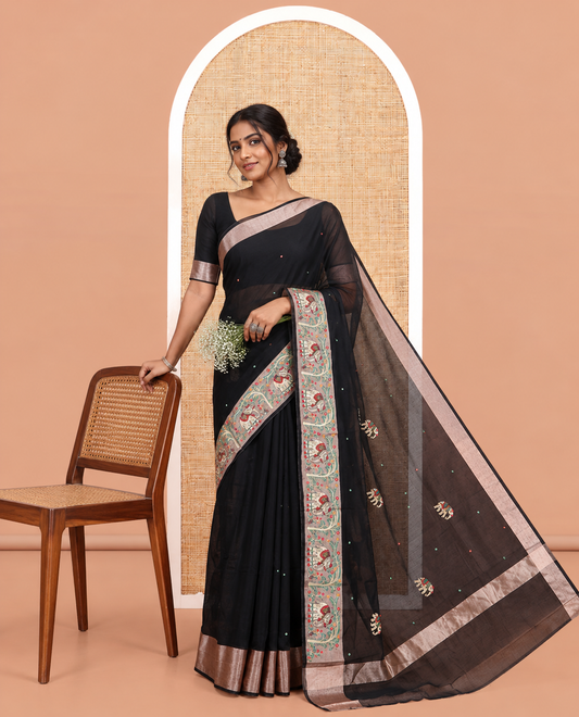 Black Chanderi Cotton Saree Features Elephant Buttas and Mirror Work, an Elephant Border, Matching Blouse