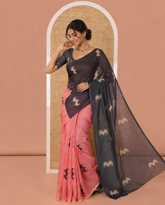 Borderless Pink Linen Cotton Saree, Uniquely Printed with Zig-Zag Geometric Motifs, Pallu Mirrors the Same Motifs, and Paired with a Contrast-Printed Blouse