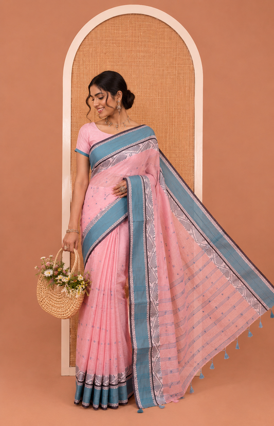 Light Pink Bengal Cotton Saree Features Thread Buttas, Contrast Floral Creeper Thread Border, Striped Pallu, and a Matching Blouse