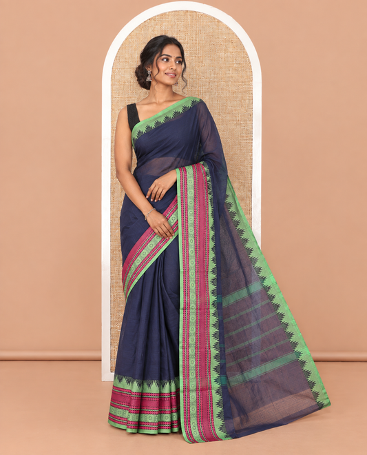 Navy Blue Plain Chettinad Cotton Saree, a Contrast Traditional Motifs Woven Thread Temple Border, Striped Pallu, and No Blouse