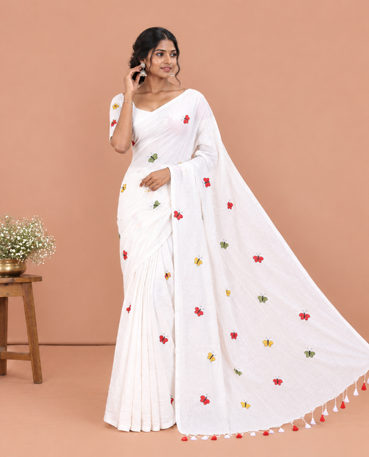 Off-White Khadi Mul Cotton Saree, Mesmerized with Butterfly Motif Embroidery, and No Blouse
