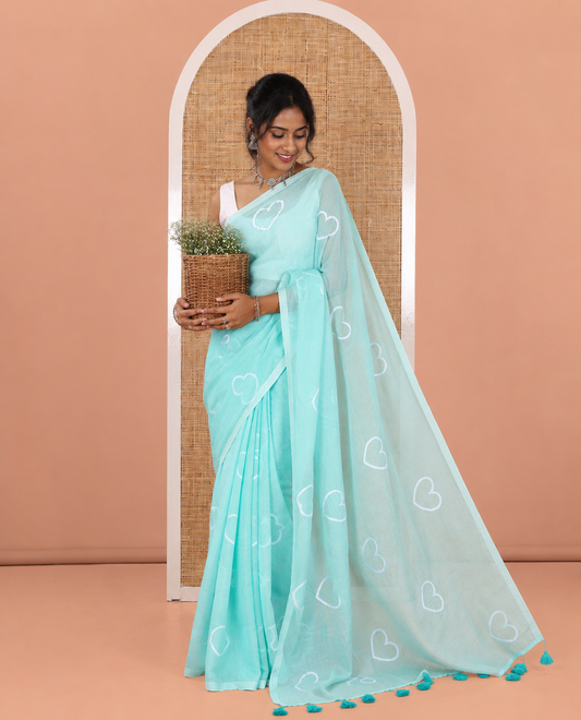 Borderless Sea Green Khadi Mul Cotton Saree, Steeped with Heart Motifs Print, and No Blouse