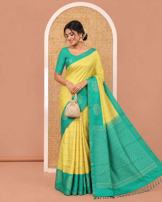 Yellow Katan Silk Saree, Embellished with Butta Enclosed Checks on Its Body, Complemented by a Contrast Border of Tree Motifs, Jaal Pallu, and Paired with a Contrast Blouse