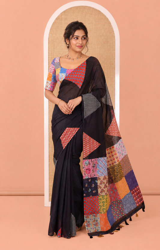 Black Plain Linen Cotton Saree, Complemented by a Contrast-Colored Triangle on Its Border, Kaleidoscopic-Color Patchwork Pallu, and Paired with a Contrast Blouse