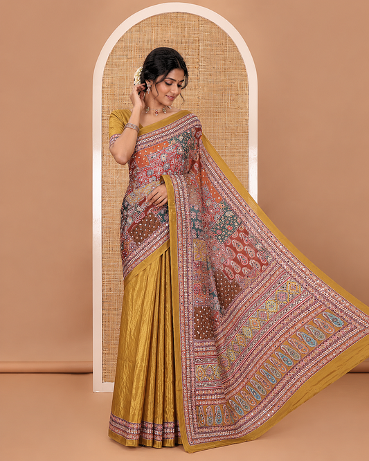 Mustard geometric patterns kaleidoscope-colored print with mirror work half-&-half masakali saree, printed border, and pallu of mirror work, and plain blouse