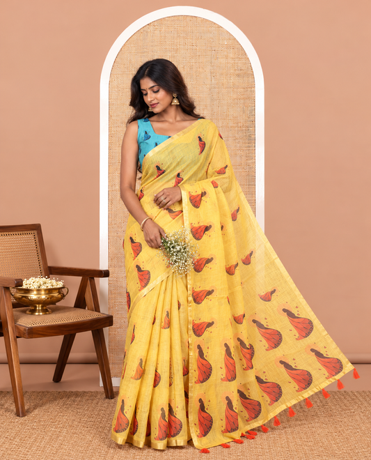 Yellow Linen Cotton Saree, Adorned with Butterfly Woman Print, a Piping Border, a Contrast Blouse