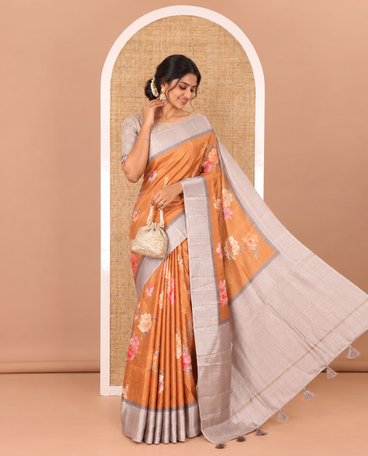 Mustard floral motifs printed fancy tussar saree, contrast temple checked border, checked pallu, and a contrast checks and floral printed blouse