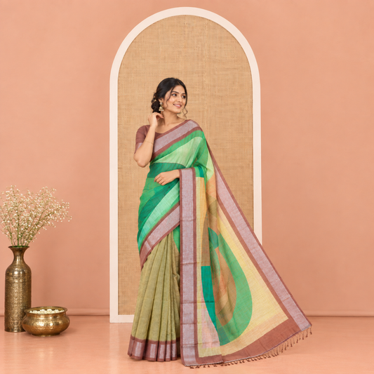 Green Linen Cotton Saree, Boldly Accentuated with Geometric Print on Its Body, Complemented by a Contrast Plain Border, a Circle-Motifs Printed Pallu, and Paired with a Contrast Blouse
