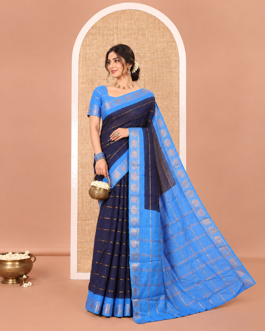 Navy Blue Sungudi Cotton Saree, Enriched with Veldhari Zari Stripes All Over Its Body, Complemented by a Contrast Border of Round Peacock Designs, Zari Striped Pallu, and Paired with a Contrast Blouse
