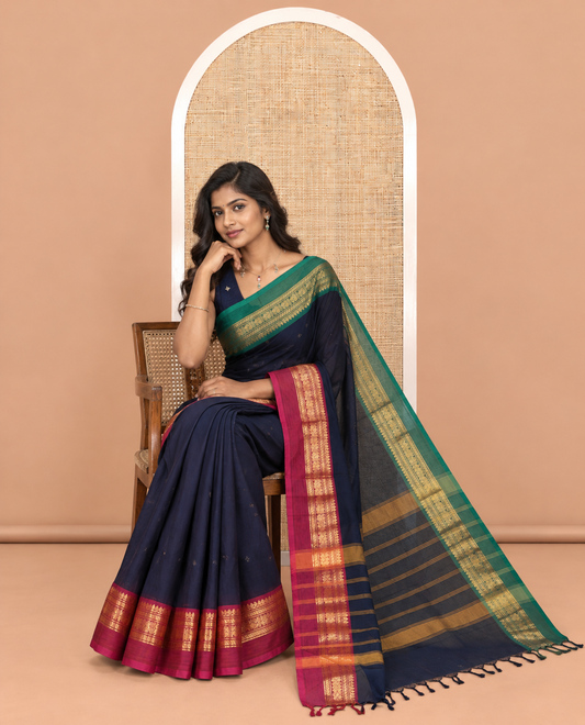 Navy Blue Plain Chettinad Cotton Saree, a Contrast Ganga-Jamuna Traditional Zari Border, Striped Pallu, a Matching Blouse