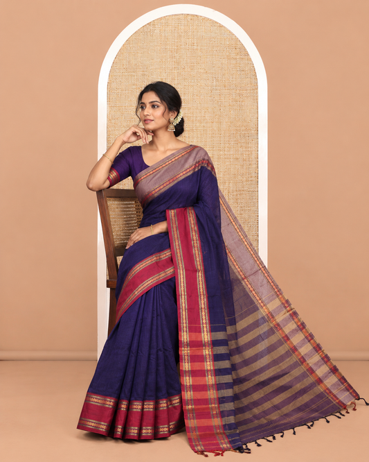 Violet Plain Mercerised Cotton Saree, Contrast Ganga-Jamuna Temple Rudraksha Border, Striped Pallu, and a Matching Blouse