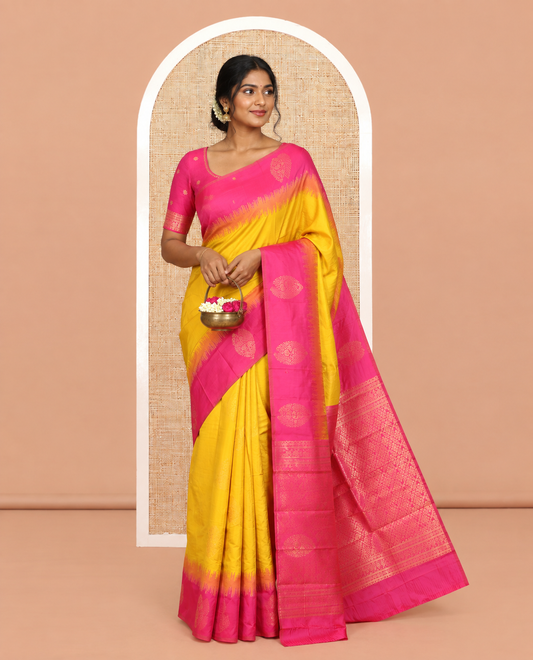 Mustard-Rani Kanchi Silk Saree, Adorned with Zari Buttas, a Contrast Zari Butta Border, Grand Pallu, and a Contrast Blouse