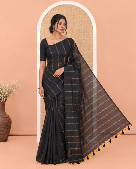 Borderless Black Khadi Cotton Saree Features Double Stripes, a Self-Pallu of Tassels, and a Matching Blouse