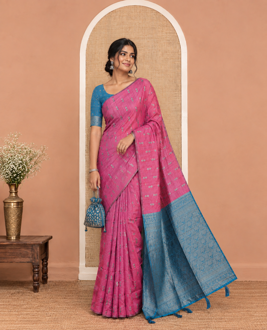 Borderless Pink Jute Cotton Saree, Adorned with Zari Buttas, Contrast Intricate Pallu, a Contrast Blouse