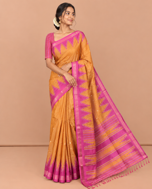 Mustard Kathan Silk Saree Adorned with Buttas, Contrast Temple Border, Temple pallu, and Striped Blouse