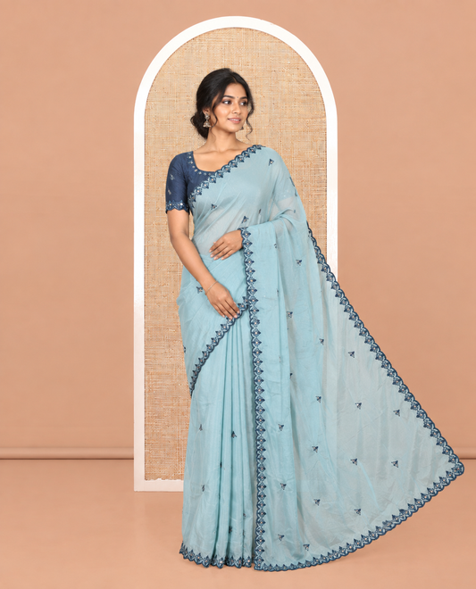 Sea Green Rangoli Chiffon Saree, Prettified with Thread and Mirror Work Buttas on Its Body, Subtle Scallop Embroidered Border, Embroidered Pallu, and Paired with a Contrast Mirror Work Blouse