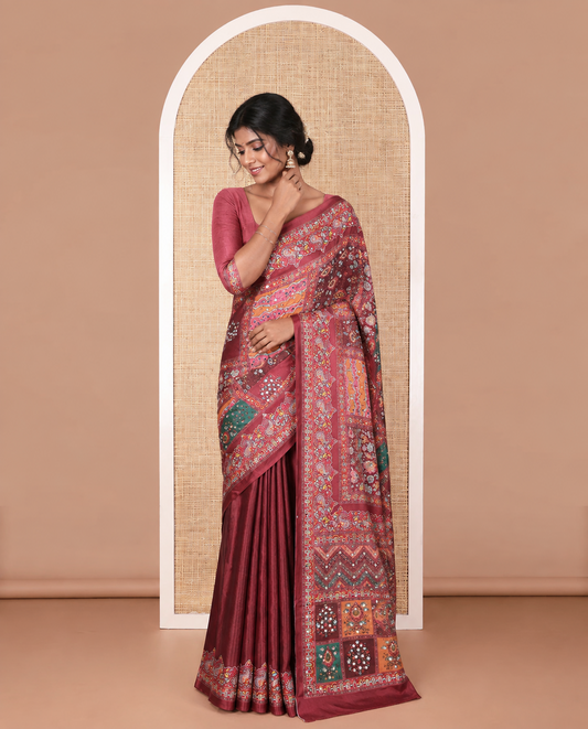 Multi Color Printed Mirror Work Synon Silk Saree With Printed Border Printed Rich Pallu Along With Plain Blouse