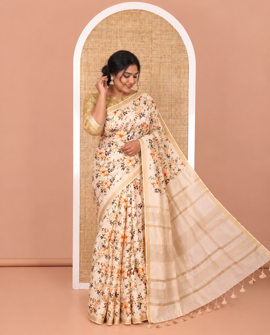 Off-White floral motifs digital printed banana pith saree, piping border, striped pallu, and floral printed blouse