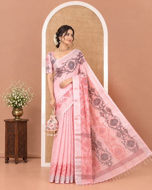 Baby Pink Plain Linen Cotton Saree, Subtly Sparkled Zari Border of Jamdani-Style Leaf-Floral Designs, Pallu Depicting Jamdani-Style Designs, and Paired with a Matching Blouse