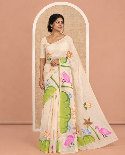 Cream Kota Doria Saree Features Flora-Flamingo Hand-Brush Print, a Piping Border, Matching Blouse