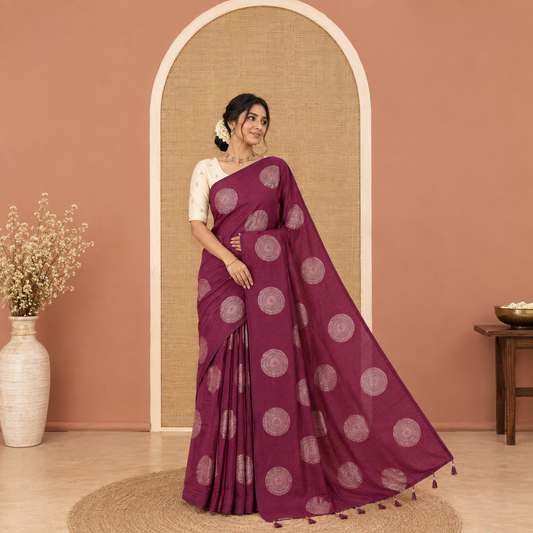 Borderless Purple Vichitra Saree Features Rangoli-Style Round Buttas Foil Print and a Contrast Sequins Embroidered Blouse