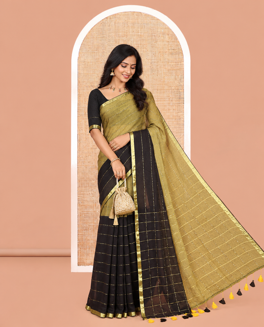 Mehendi-Black Khadi Mul Cotton Saree