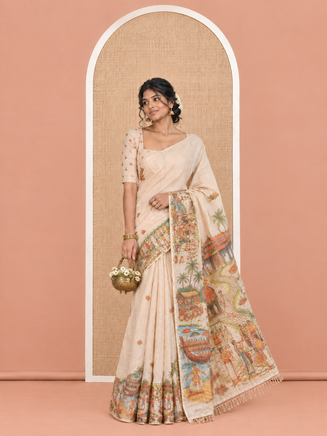 Gold Tissue Saree Features Kerala Culture and People Print, a Zari Border, Kerala-Theme Pallu, and Matching Blouse