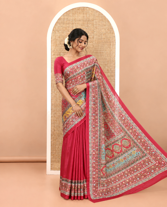 Rani pink geometric patterns kaleidoscope-colored printed & mirror work half-&-half masakali saree, printed border & pallu of mirror work & plain blouse