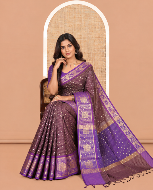Wine Semi-Katan Silk Saree, Enriched with Buttas and Zari Checks, a Contrast Traditional Zari Border, and a Contrast Blouse