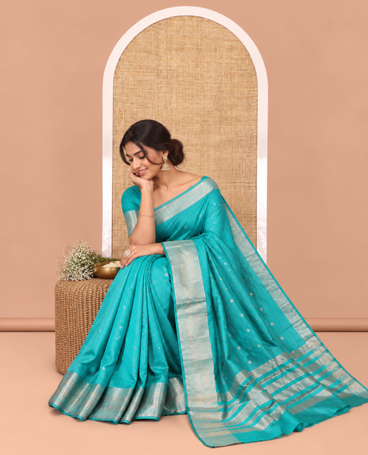 Rama Semi-Tussar Saree, Enriched with Zari Buttas and Checks, a Traditional Zari Border, and a Matching Blouse