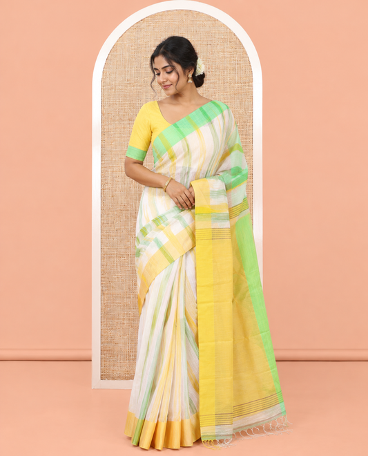 White-Yellow Khadi Linen Saree, Adorned with Ikkat Weave, a Contrast Plain Border, Plain Pallu, and a Contrast Blouse