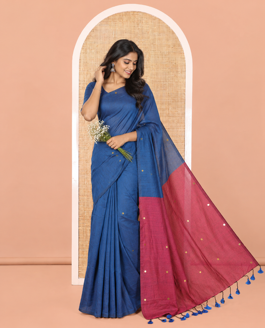 Borderless Blue Khadi Mul Cotton Saree, Adorned with Sequins Work All Over Its Body, Complemented by Contrast Pallu of Sequins Work and Paired with a Contrast Blouse
