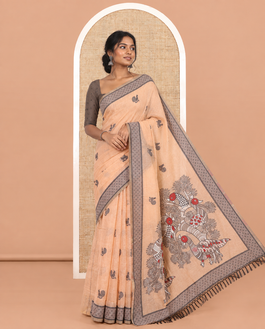 Peach Chanderi Cotton Saree, Woven with Peacock Thread Buttas, a Thread Diamond-Patterned Border, a Peacock Pallu, a Contrast Blouse
