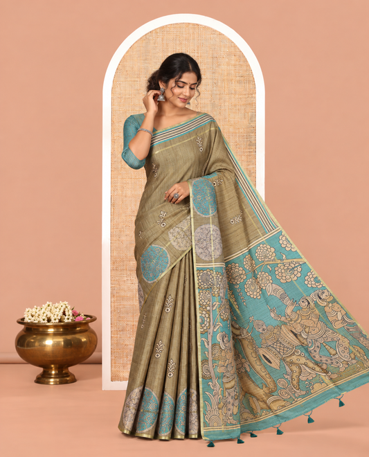 Green Kalamkari Print Fancy Tussar Saree