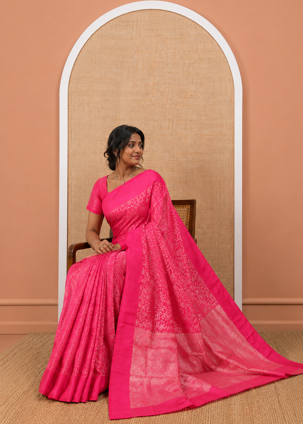 Rani Semi-Tussar Saree, Embellished with Floral Jacquard Design, an Embossed Border, a Floral Pallu, and a Matching Blouse