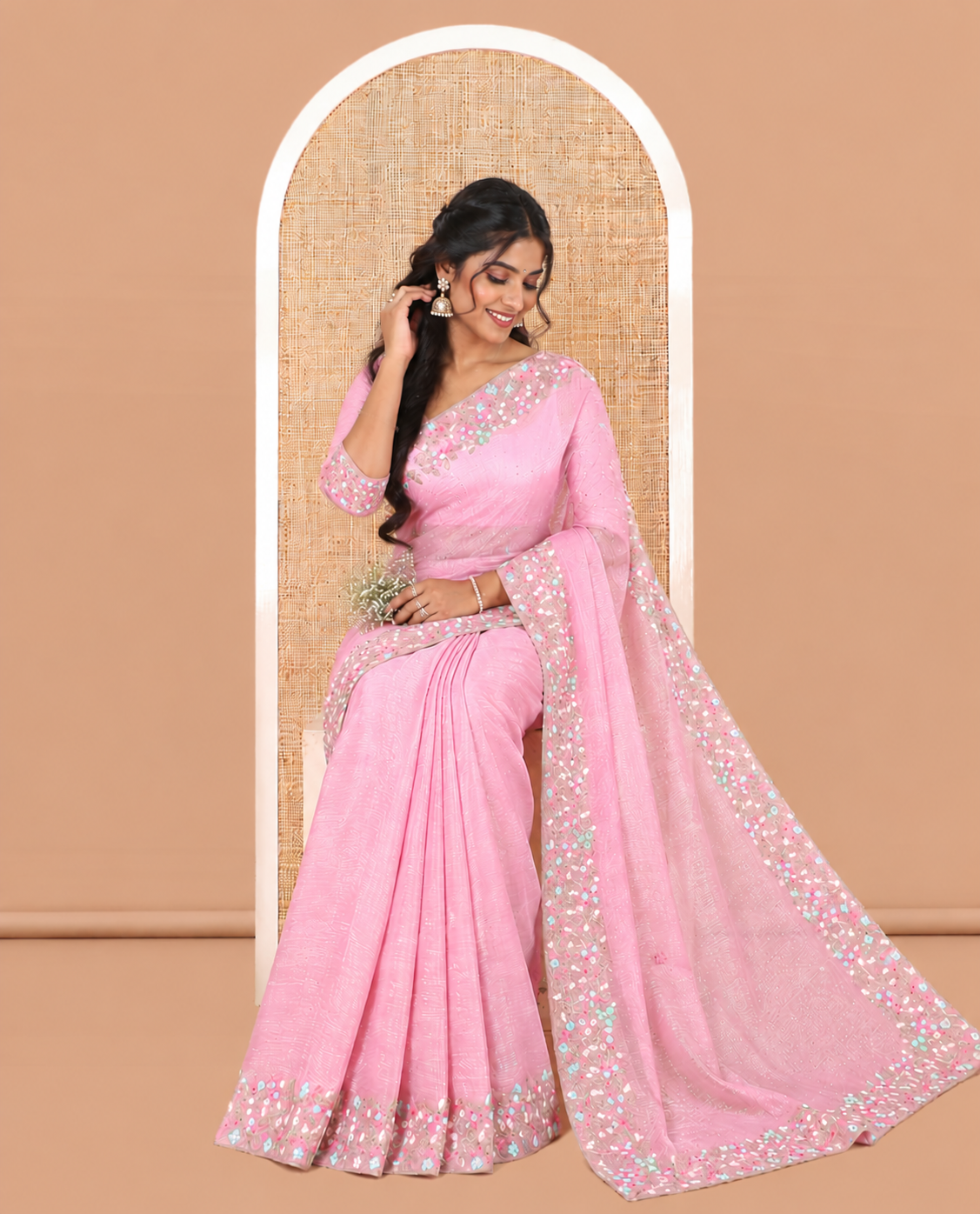 Baby Pink Fendi Crushed Chiffon Saree