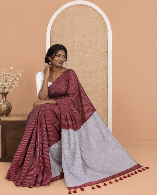 Borderless Maroon Zari Striped Khadi Cotton Saree, Contrast Pallu, and No Blouse