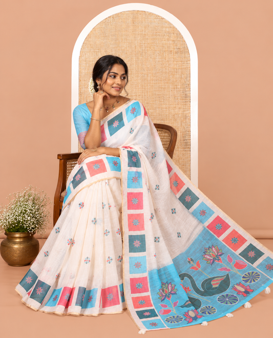 Cream-Blue Linen Cotton Saree