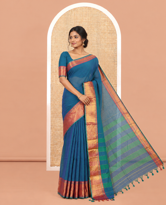 Rama Blue Plain Mercerised Cotton Saree, a Contrast Traditional Zari Border, Striped Pallu and a Matching Blouse