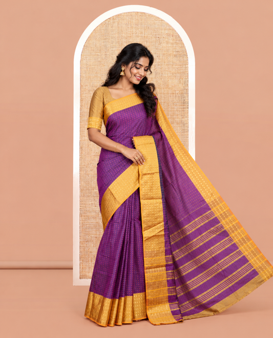Violet Semi-Soft Silk Saree, Adorned with Plus Buttas, Contrast Rudraksha Border, Striped Pallu, Contrast Blouse