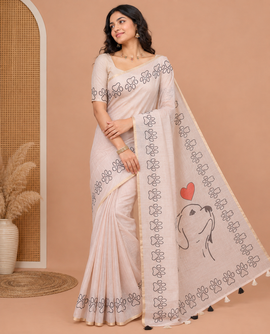 Cream Plain Linen Cotton Saree, a Dog Pow Printed Zari Border, Dog Motif Printed Pallu and a Matching Blouse