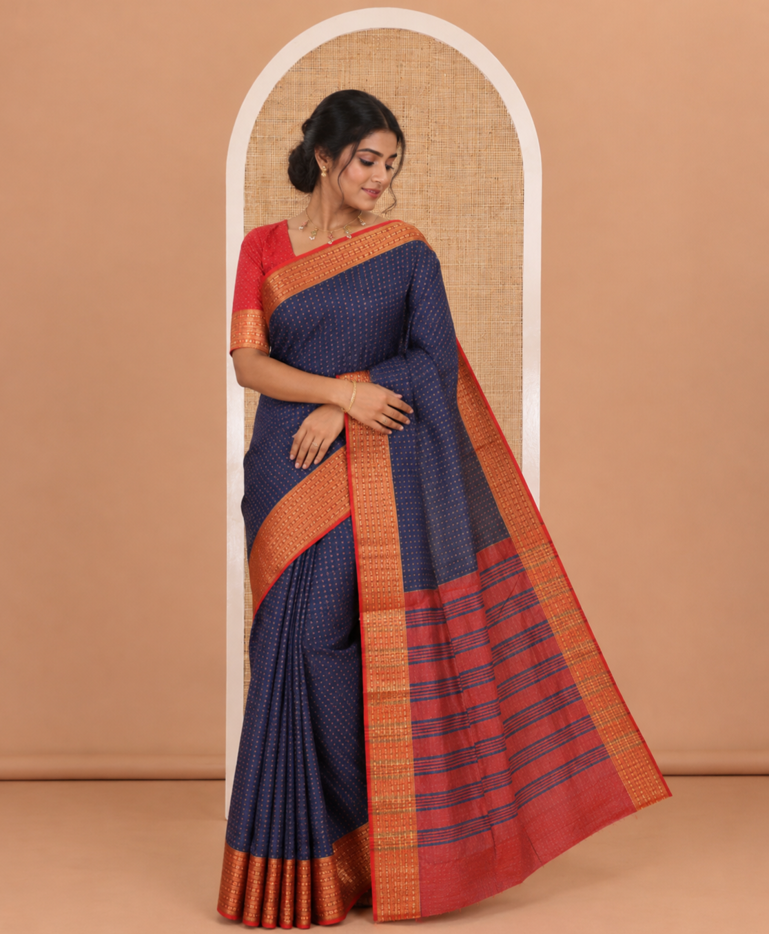 Navy blue thread butta all over body semi soft silk , contrast traditional  border , contrast lining chit pallu